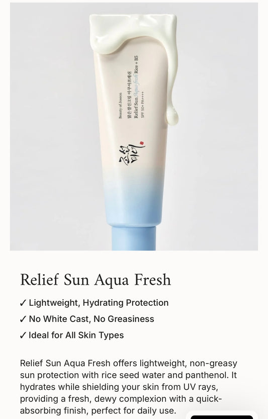 BEAUTY OF JOSEON RELIEF SUN AQUA FRESH SUNSCREEN RICE + B5 SPF 50